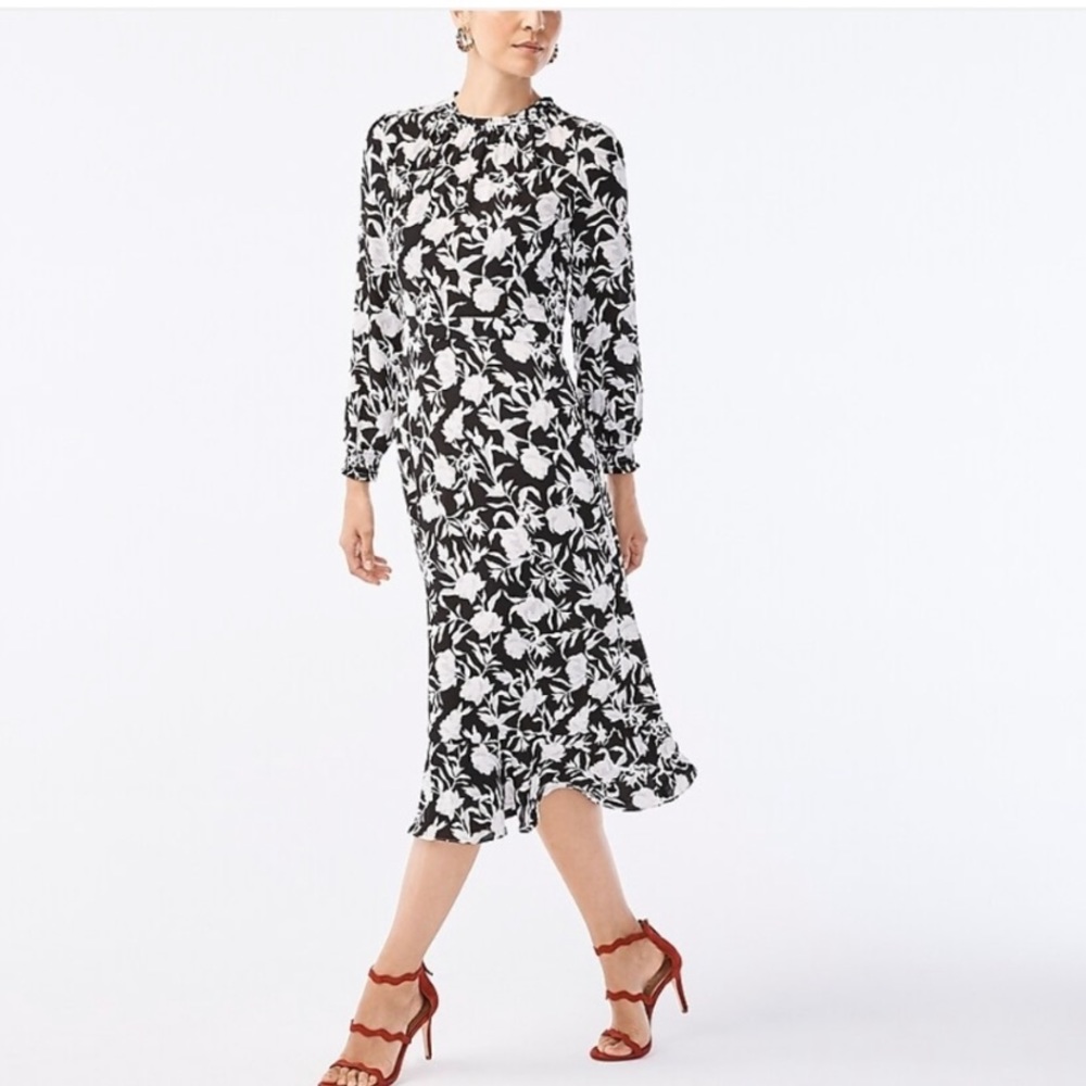 NWT’s JCrew Black White Long Sleeve Floral Midi Dress size 4